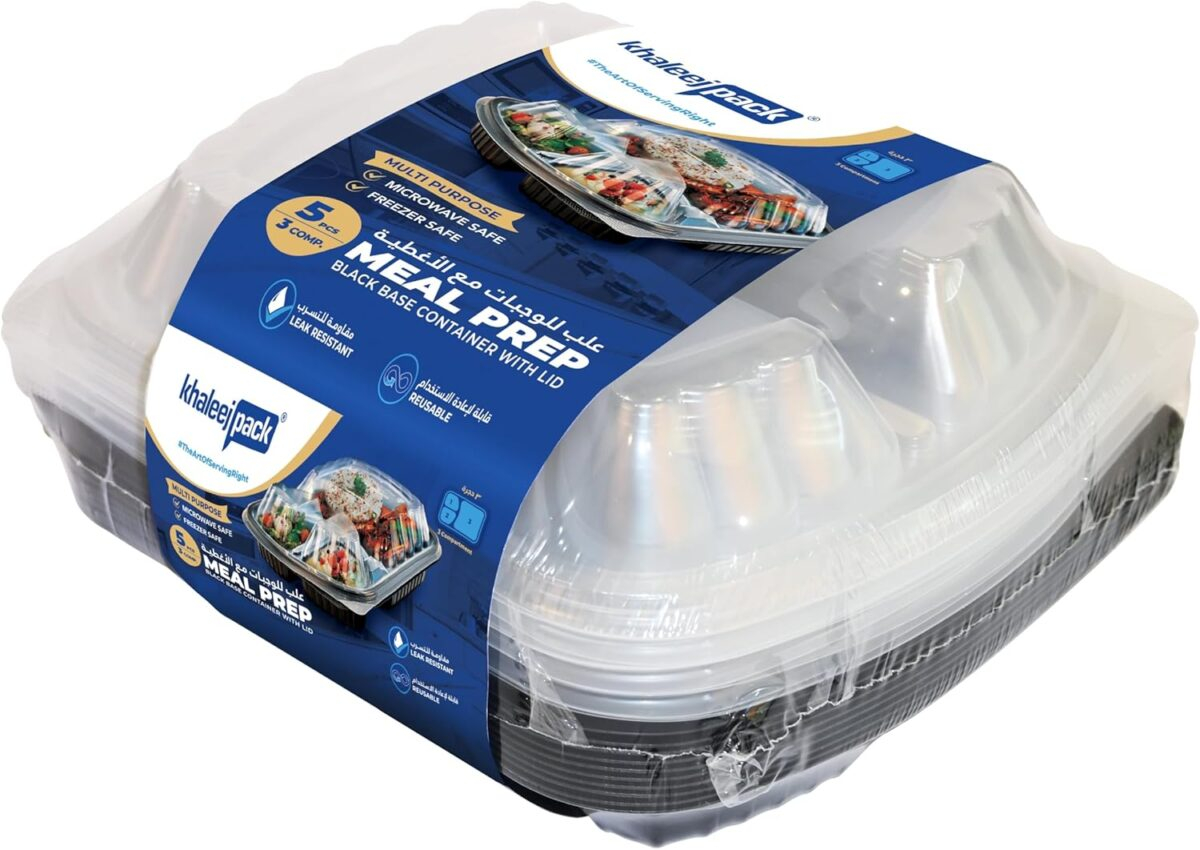 3 Compartment Black Base Rectangular Meal Prep Containers with Lids – 5 pcs - Image 1