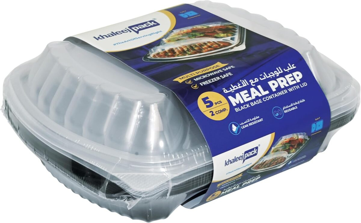 2 Compartment Black Base Rectangular Meal Prep Containers with Lids – 5 pcs - Image 1