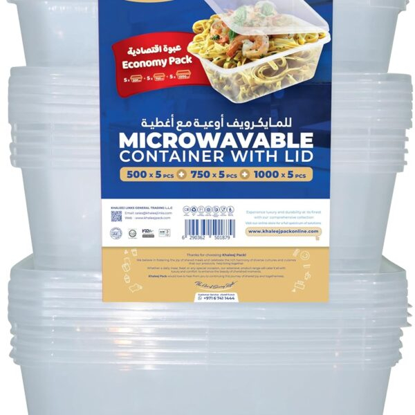 (500+750+1000) ml Microwave Container Rectangular Meal Prep Essentials Pack – 5 Pcs Each